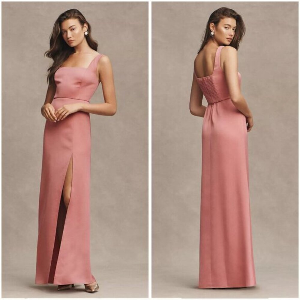 BHLDN Anthropologie Sophia Square-Neck Satin Maxi Dress in Petal Pink Size L